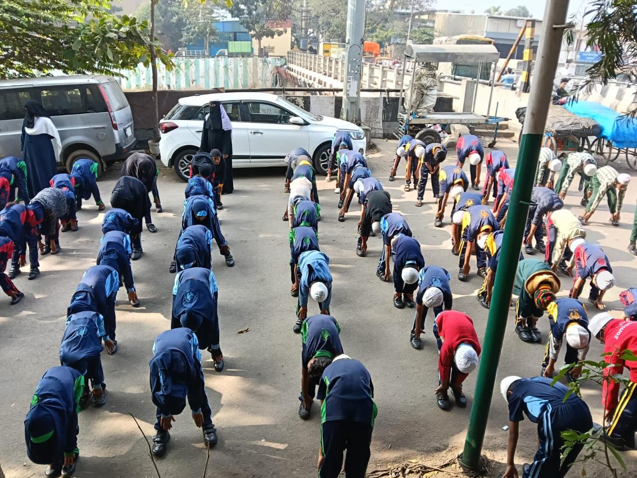 Students exercising in the school grounds