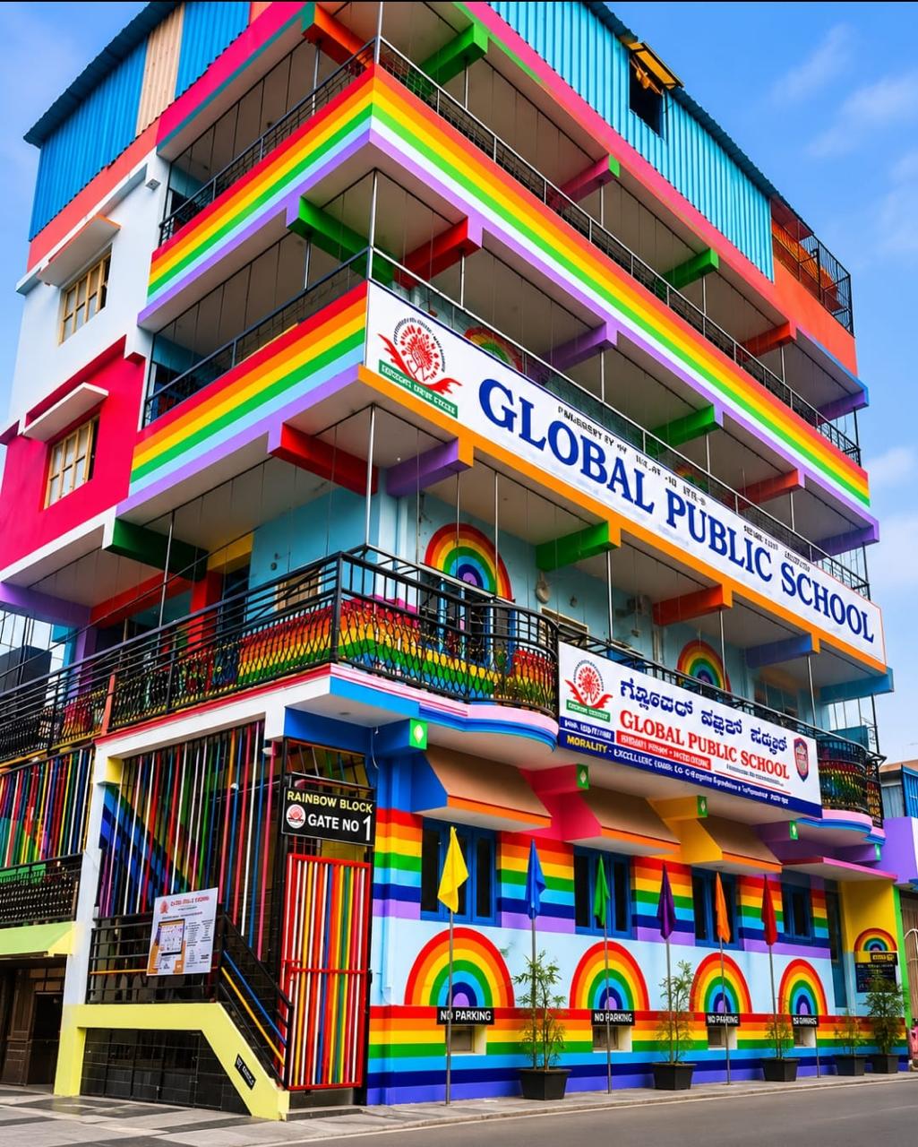 Colourful rainbow-painted school building