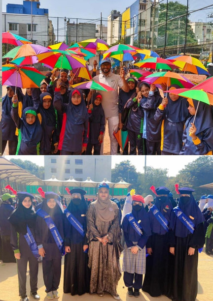 Students with colourful umbrellas outdoors